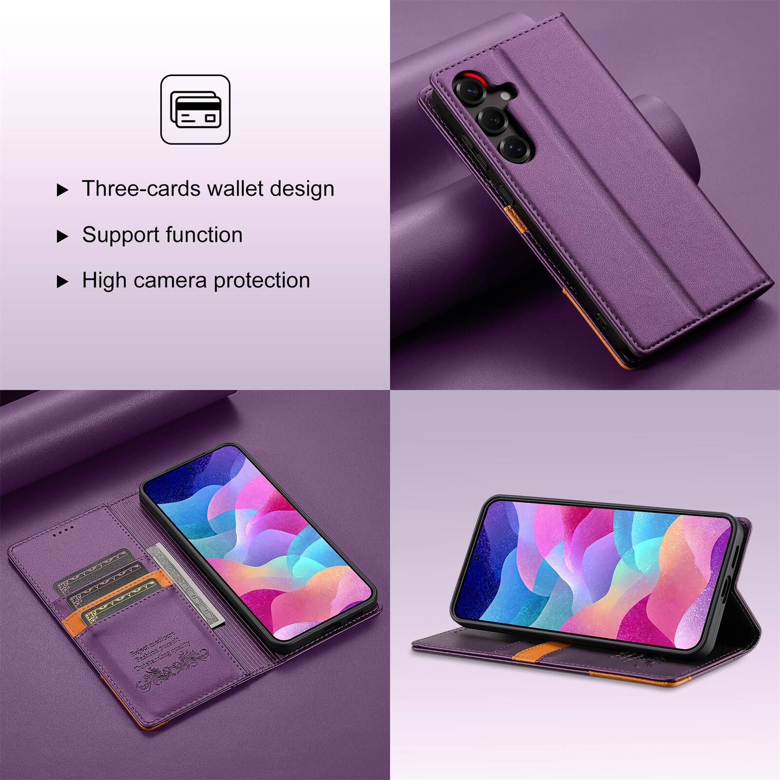 Three-cards wallet design  
Support function  
High camera protection