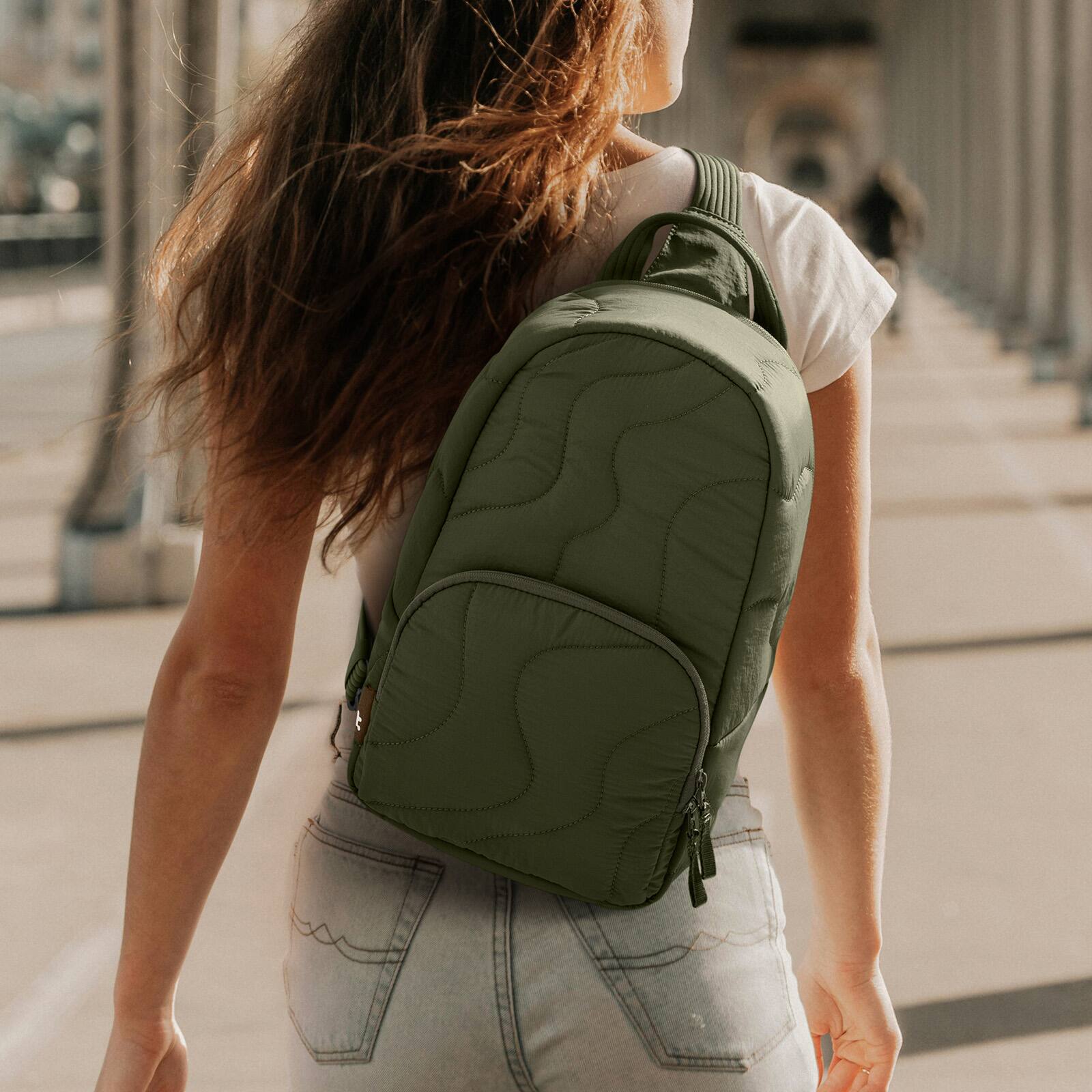 Left. tomtoc - Terra-T36 10L Crossbody Sling Bag Backpack for Women, Trendy Puffer Quilted Padded Bag, Lightweight Travel Chest Bag - Green.