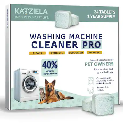 Net KAIZIELA Weight: HAPPY PETS, HAPPY LIFE. 11G - 0.4 Oz 24 TABLETS 1 YEAR SUPPLY WASHING MACHINE CLEANER PRO CLEANS PROTECTS DEODORIZES REFRESHES 40% Larger & More Effective Created specifically for PET OWNERS Removes hair and grime build-up. Compatible with all washing machine makes & models Reduces drain residue.