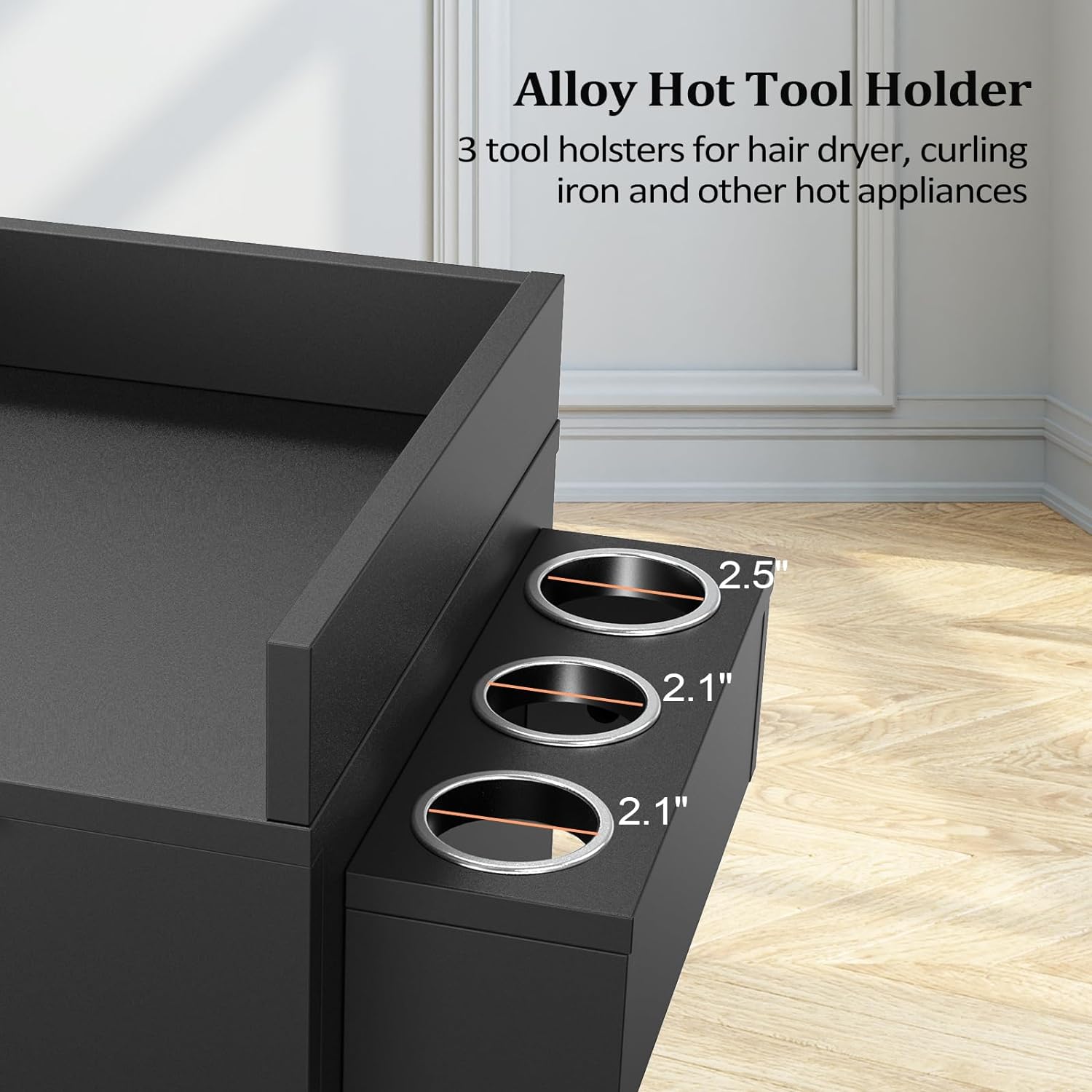 Alloy Hot Tool Holder  
3 tool holsters for hair dryer, curling iron and other hot appliances  
2.5"  
2.1"  
2.1"