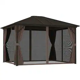 Outsunny - 10' x 12' Hardtop Gazebo with Curtains and Netting, Permanent Pavilion Metal Single Roof Gazebo Canopy - Coffee