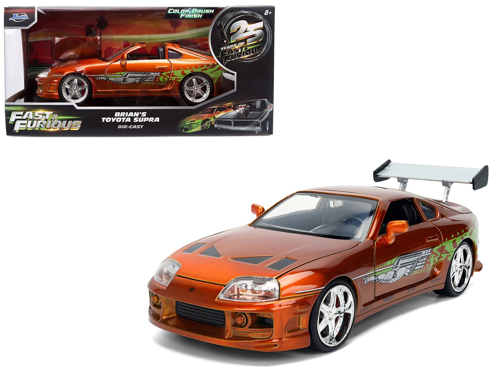 Brian's Toyota Supra Orange Color Brush Finish 25 Years Anniversary "The Fast & the Furious" 2001 1/24 Model Car by Jada - Multicolor