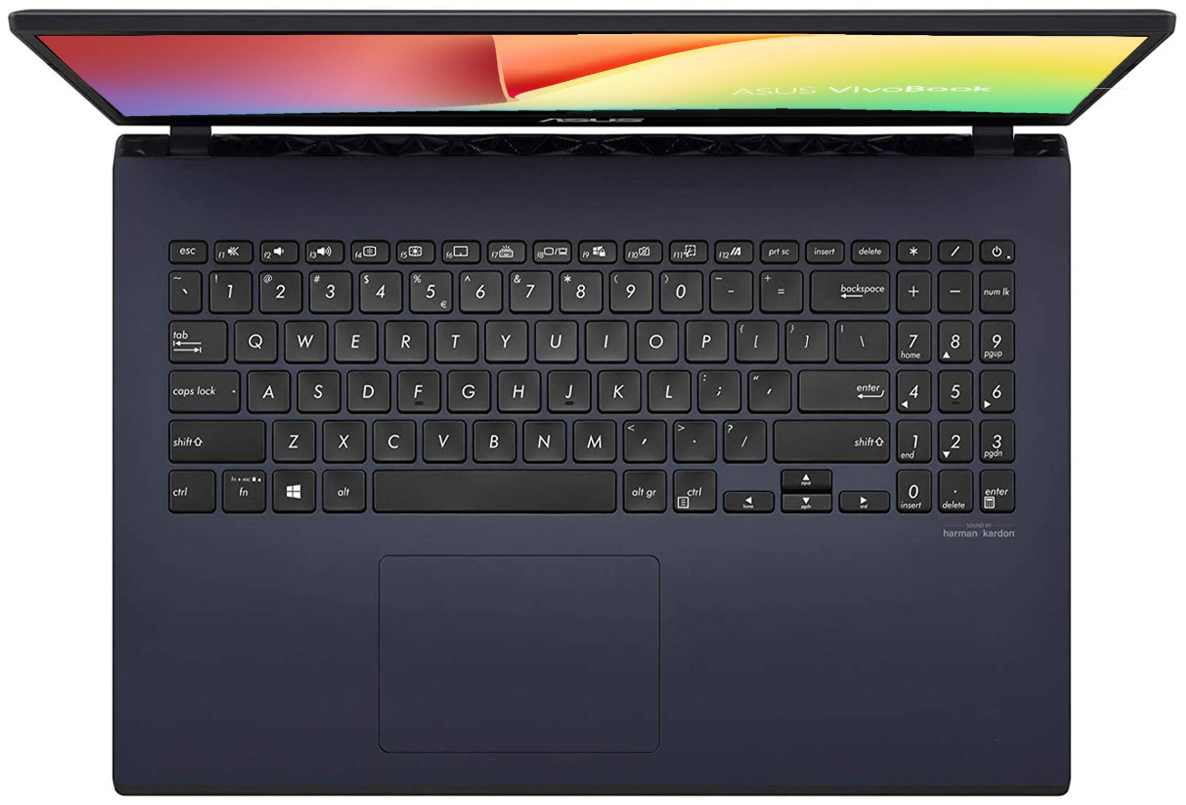 ASUS VivoBook

esc 1 2 3 4 5 6 7 8 9 0 - = backspace
tab Q W E R T Y U I O P [ ] \
caps lock A S D F G H J K L ; ' enter
shift Z X C V B N M , . / shift
ctrl fn windows alt alt gr ctrl

insert delete * / I I 1 2 # 3 S 4 % 5 A 6 & 7 8 ( 9 ) 0 - + = backspace + I num &k
home 8 9 pgup cops lock A S D F G H J K L : ; M enter 4 5 6 shift o Z x V N M V , V ? / shift o 1 end 2 3 pgdn ctrl I alt alt gr ctrl o insent delete enter harman kardon