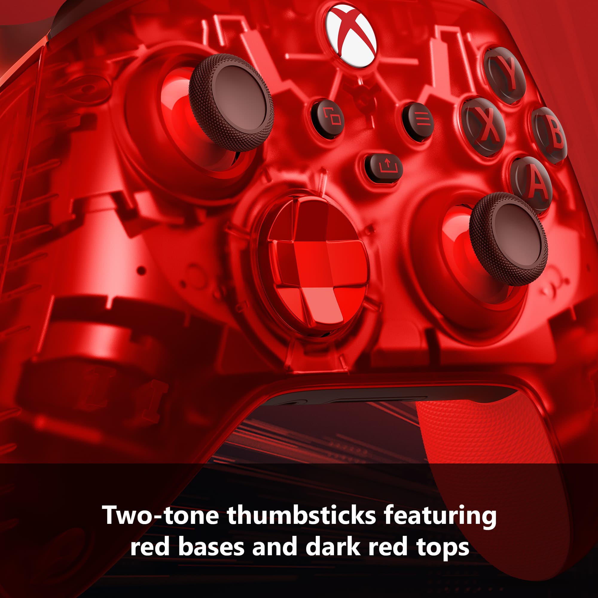 Two-tone thumbsticks featuring red bases and dark red tops.