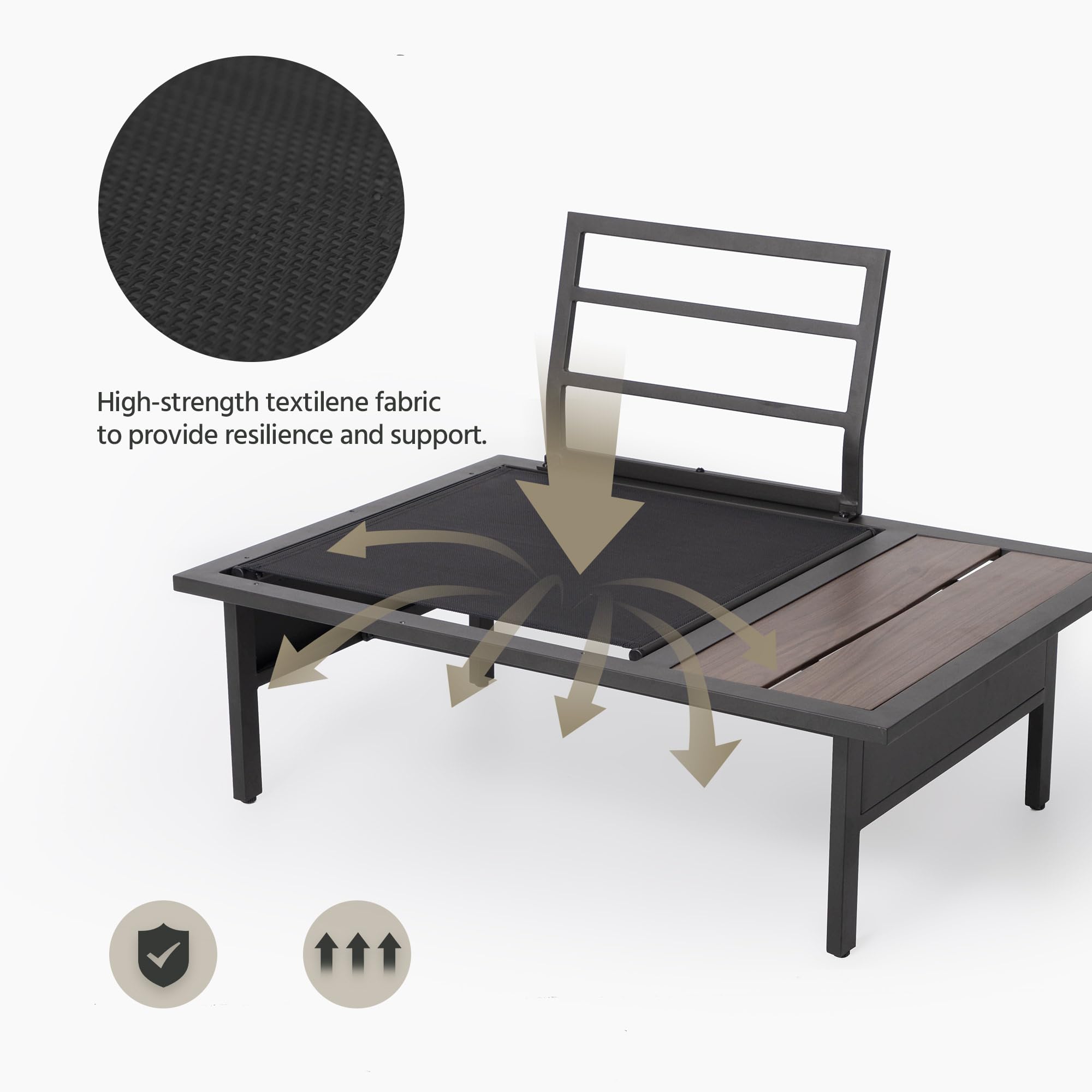 High-strength textilene fabric to provide resilience and support.