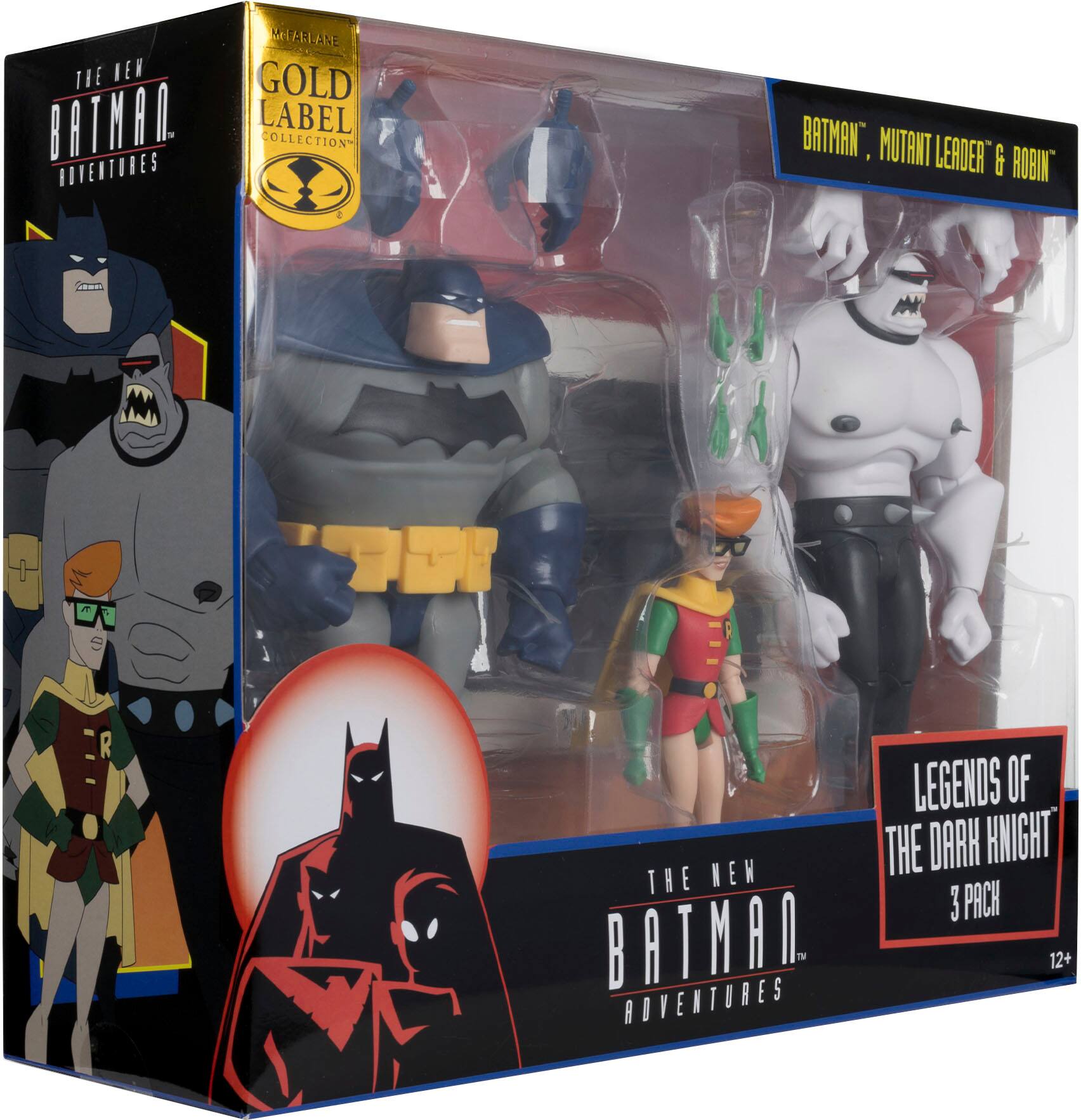 The New Batman Adventures Gold Label Collection includes three figures: Batman, Robin, and the Mutant Leader. The box is designed to hold the figures securely and showcase the characters.