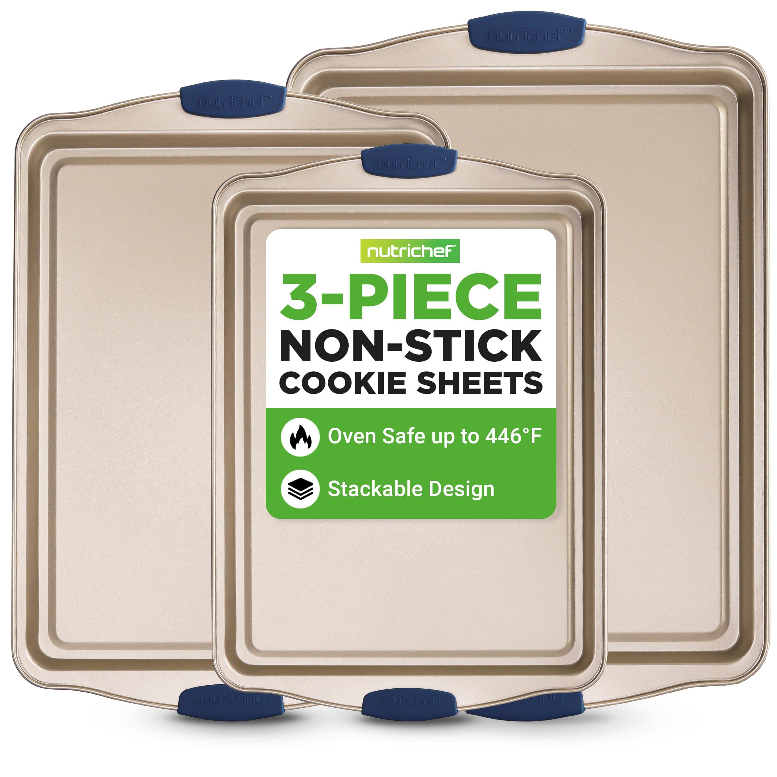 NutriChef - 3-Piece Non-Toxic Cookie Sheets – Carbon Steel Oven Tray Set with Silicone Handles for Easy Use (NCSBSG63)