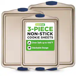 NutriChef - 3-Piece Non-Toxic Cookie Sheets – Carbon Steel Oven Tray Set with Silicone Handles for Easy Use (NCSBSG63)