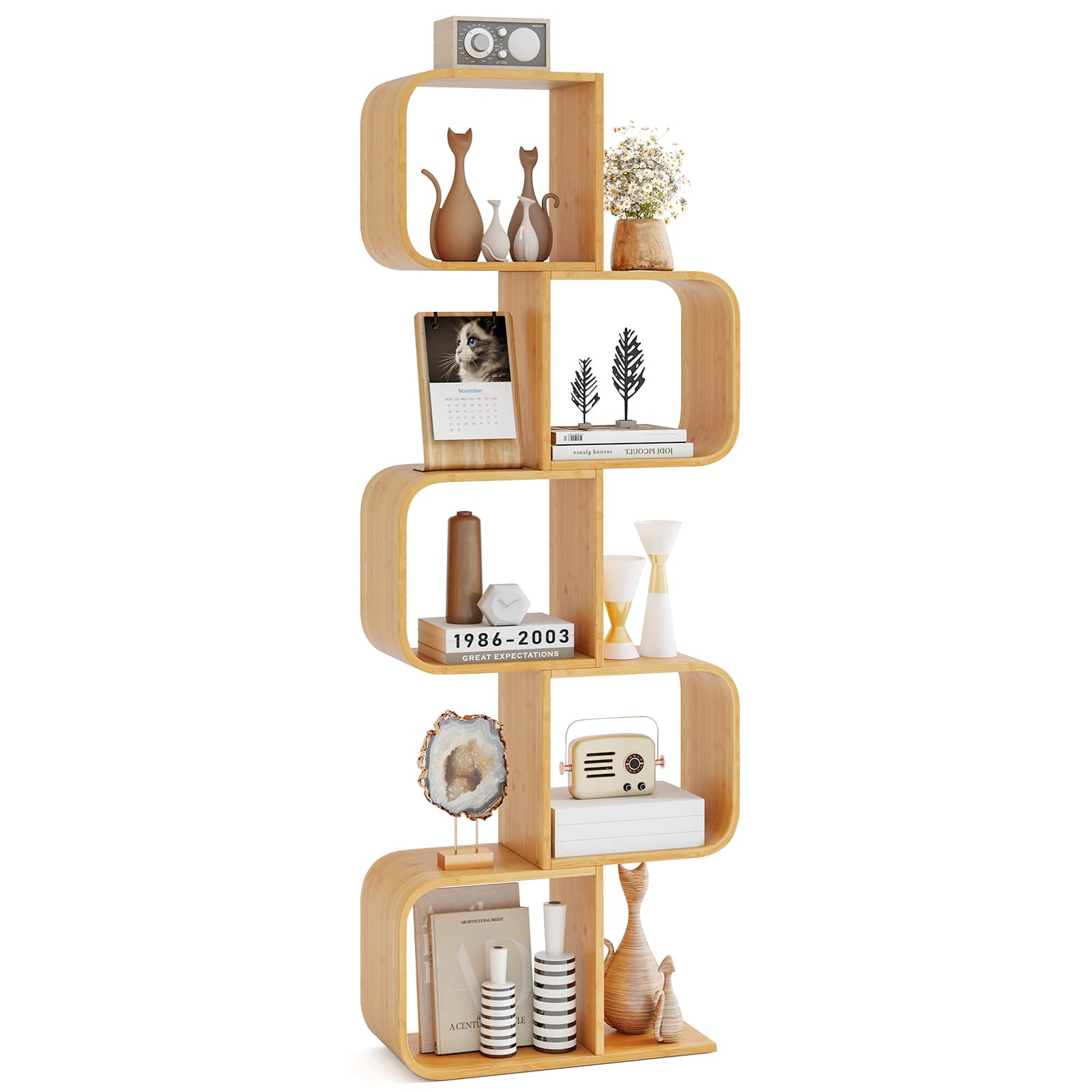 Gymax - 5-Tier S-Shaped Bookcase w/ 5 Open Cubes Geometric Corner Display Shelf - Yellow