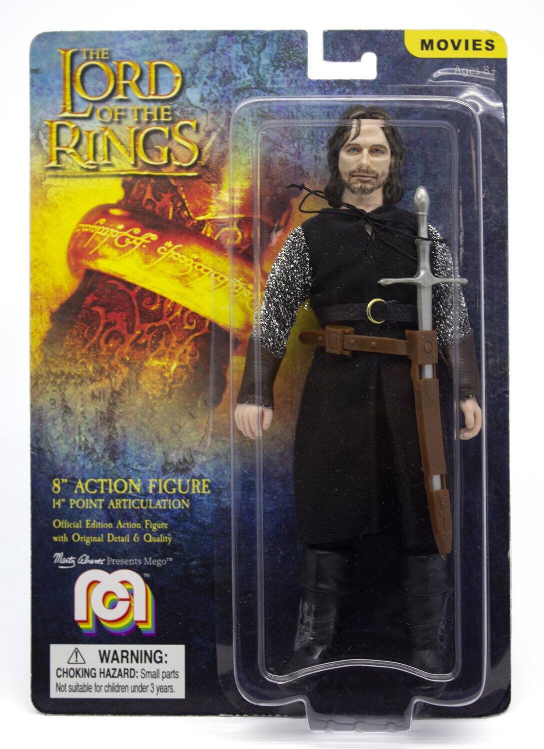 THE LORD OF THE RINGS  
MOVIES  
Ages 8+  
8" ACTION FIGURE  
14" POINT ARTICULATION  
Official Edition Action Figure with Original Detail & Quality  
Mact Chawes Presents Mego™  

WARNING: CHOKING HAZARD: Small parts. Not suitable for children under 3 years.