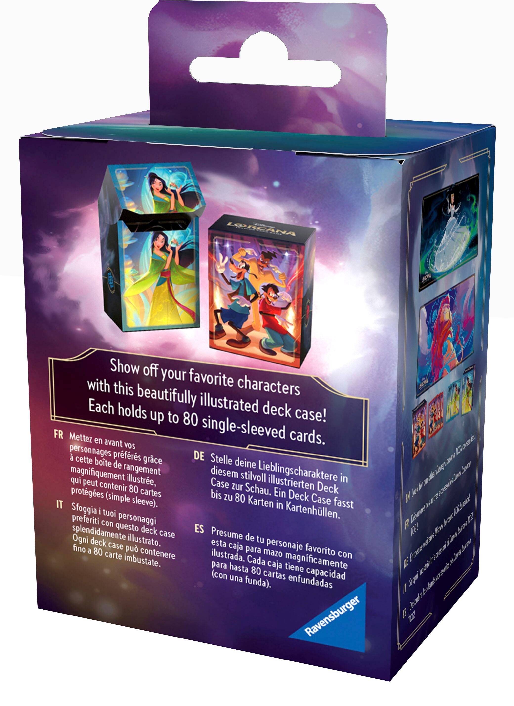 LORCANA Show off your favorite characters with this beautifully illustrated deck case! Each deck case holds up to 80 cards in a single-sleeved format. Preserve and display your favorite characters with this stylish deck case, which can hold up to 80 cards. Each deck case is beautifully illustrated, making it an attractive way to store and showcase your favorite characters. The deck case is made by Ravensburger, a trusted brand known for their high-quality products.