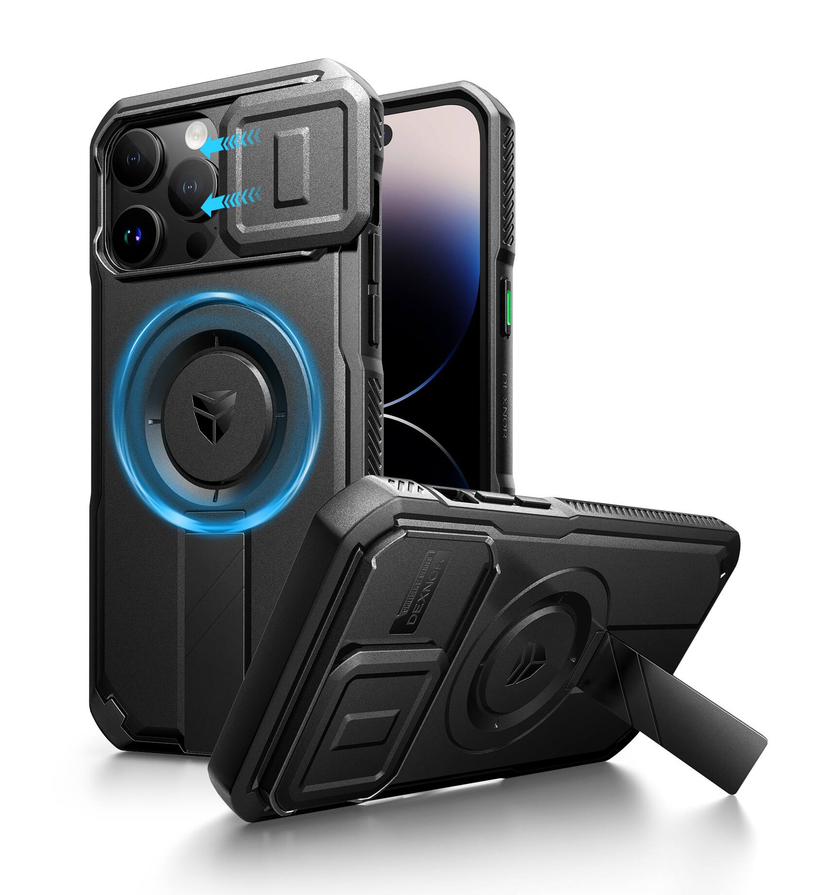 Angle. Dexnor - Phone Case for iPhone 14 Pro Max with Slide Camera Cover, Compatible with MagSafe Heavy-Duty Rugged Magnetic Shockproof - Black.