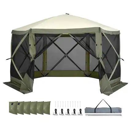 Front. VEVOR - Pop Up Gazebo Tent, Pop-Up Screen Tent 6 Sided Canopy Sun Shelter with 6 Removable Privacy Wind Cloths & Mesh Windows - Green.
