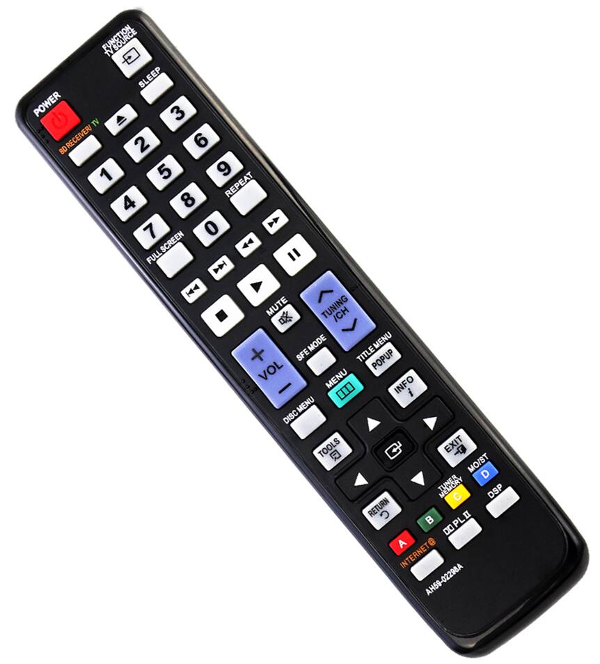RYNSUA SL SLEEP POWER 3 TV BD RECEIVER 2 6 1 5 9 REPEAT 4 8 0 N 7 SCREEN 44 FULL " D H4 > . MUTE TUNING ICH MODE TITLEMENU MENU + SFE TITLE POPUP VOL MENU 30 INFO i MENU DISC TOOLS EXIT Q MO/ST D JECER C DSP RETURN LII DOPLI PL DO A INTERNET@ AH59-02298A