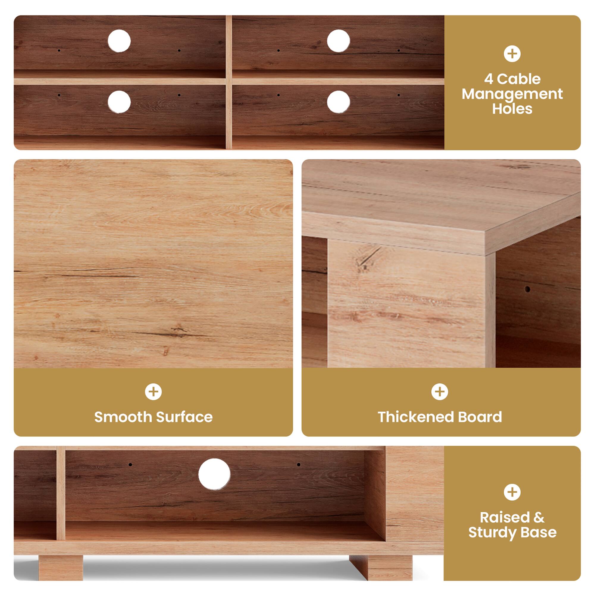 The image features a wooden table with a smooth surface and thickened board. It also has four cable management holes for easy organization. The table is raised on a sturdy base, providing stability and durability.