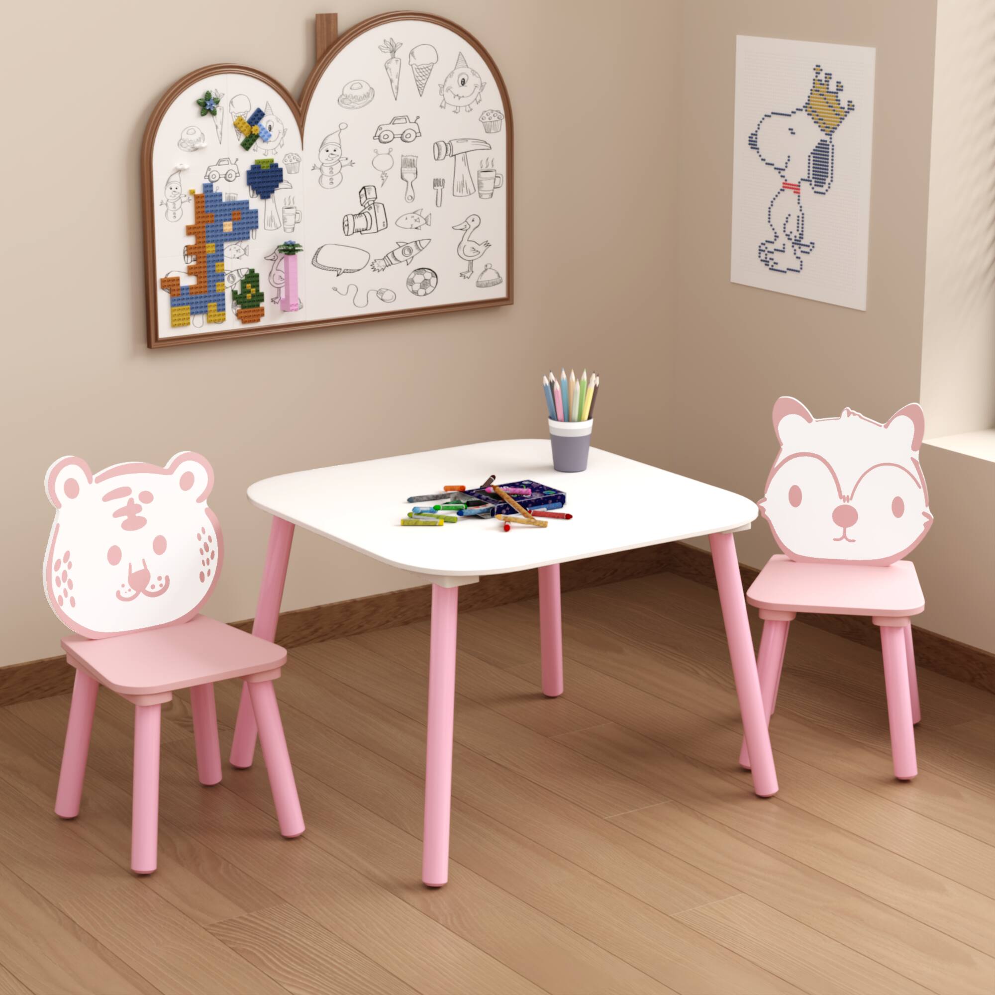 Front. Tiramisubest - Kids Table and Chair Set,3-Piece Wooden Toddler Desk with Animal Backrest,Activity Table for Playroom (Pink & White) - Pink+White.