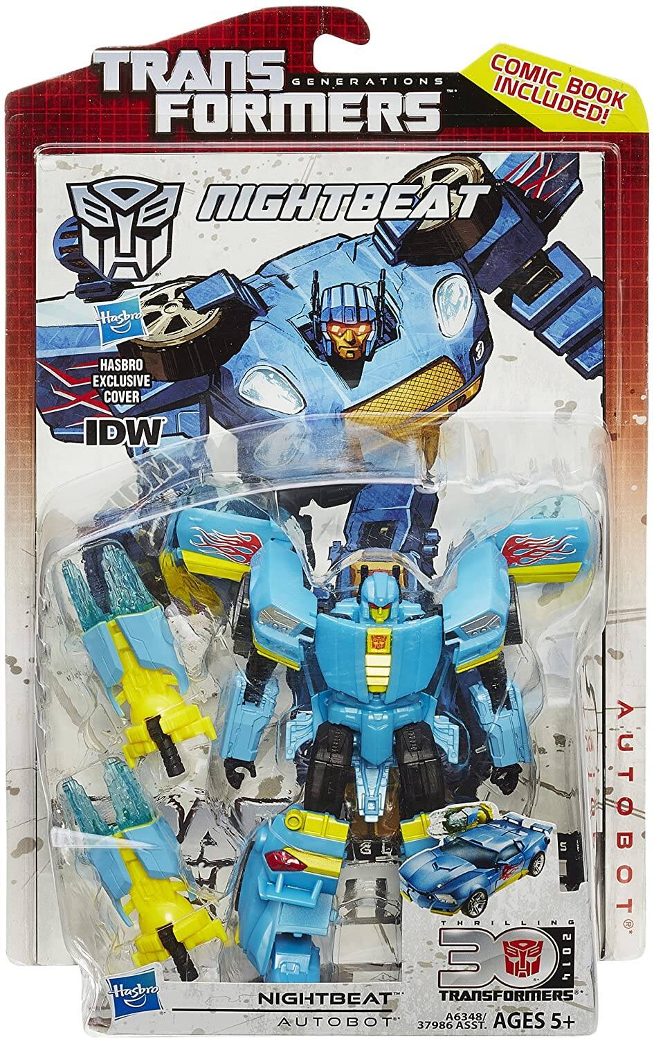 TRANSFORMERS GENERATIONS  
NIGHTBEAT  
COMIC BOOK INCLUDED!  
HASBRO EXCLUSIVE COVER  
IDW  
THRILLING 30 2014  
AGES 5+  
AUTOBOT  
A6348/37986 ASST.