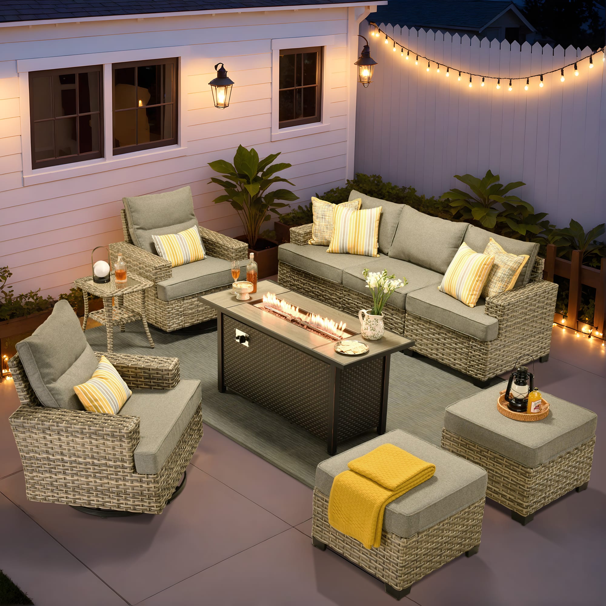 Ovios - 9 PCS Patio Furniture Sofa Set with Swivel Chairs, Side Table & 54" Fire Pit Table for Backyard - Dark Gray
