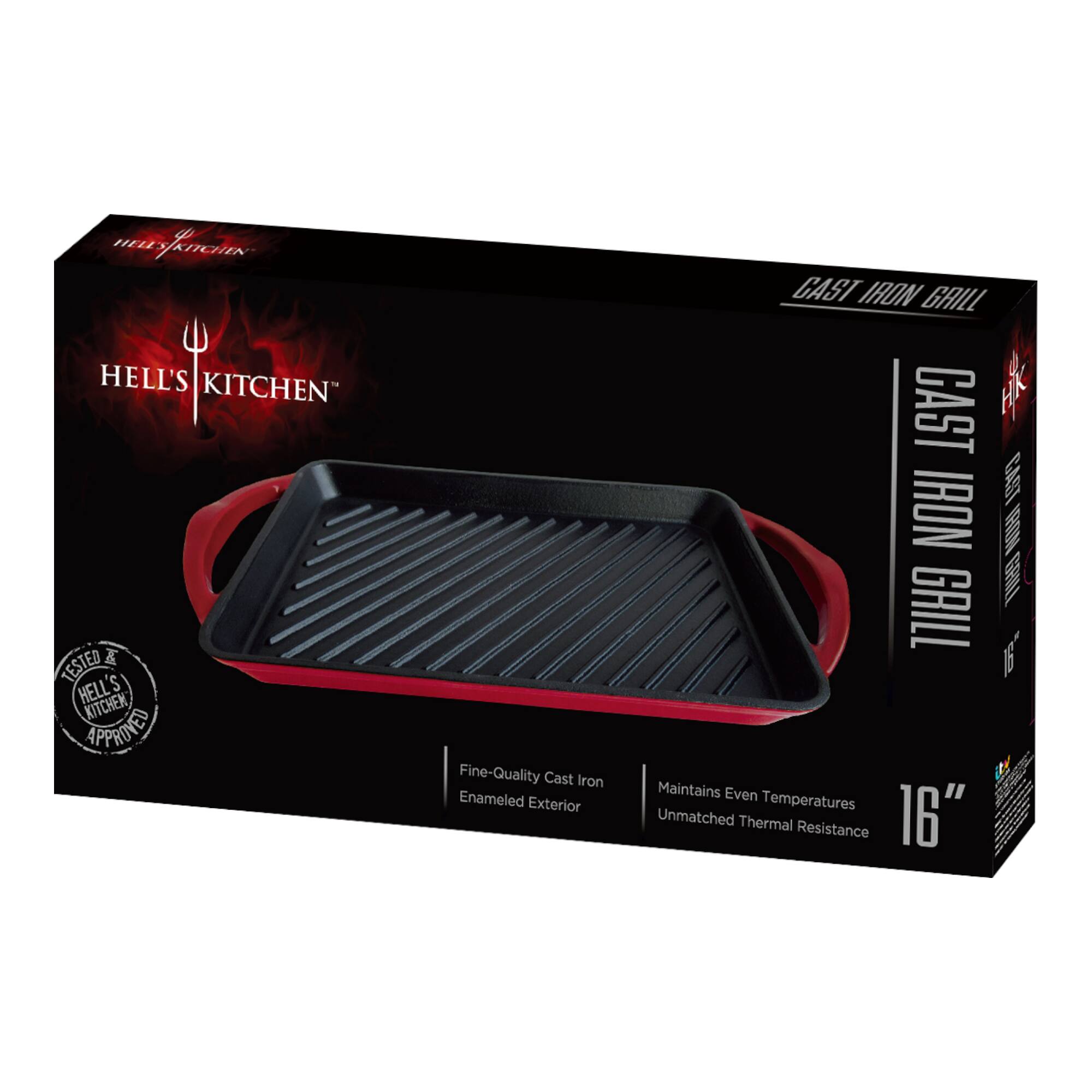 HELL'S KITCHEN TESTED & APPROVED  
Fine-Quality Cast Iron Enameled Exterior  
Maintains Even Temperatures  
Unmatched Thermal Resistance  
16" Cast Iron Grill