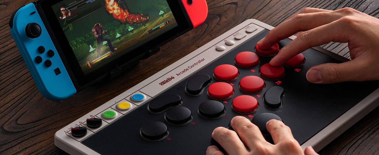 Sure, here is the corrected and grouped text:

**Arcade Controller:**
- P1: X, Y, A, B, L, R, ZL, ZR
- P2: X, Y, A, B, L, R, ZL, ZR
- Start, Select

**Buttons:**
- Up, Down, Left, Right
- A, B, X, Y
- L, R, ZL, ZR

**Additional:**
- 3000 Arcade Controller

**Game Screen:**
- "STAGE 1"
- "TIME 00:55"
- "LIFE 100%"

**Brand:**
- "REPLAY Arcade Controller"