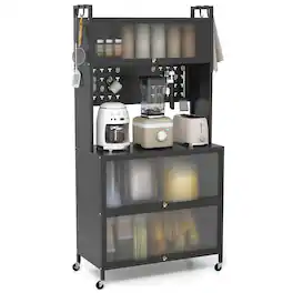 Costway - 5 Tier Kitchen Bakers Rack Flip Door Cabinets Pegboard & Hooks - Black