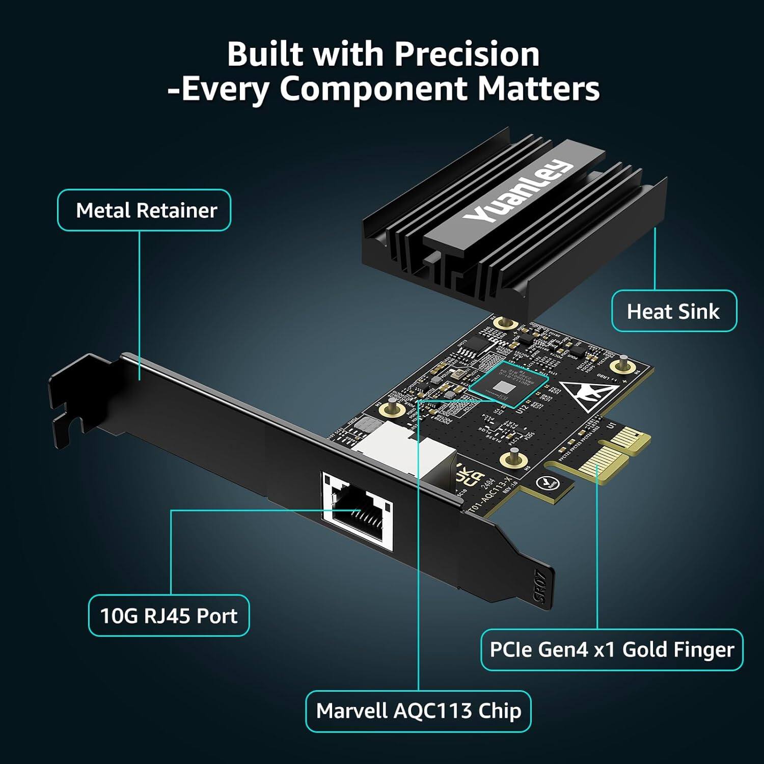 Built with Precision  
-Every Component Matters

- Metal Retainer
- Heat Sink
- 10G RJ45 Port
- PCIe Gen4 x1 Gold Finger
- Marvell AQC113 Chip