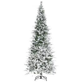 BreeBe - 9 ft Unlit Snow Flocked Pine Artificial Christmas Tree with Realistic Branches and 1159 Tips - Green