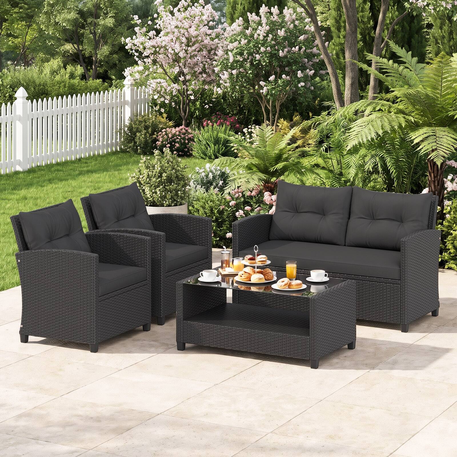 Alt View 3. Costway - Costway 4 PCS Outdoor Rattan Furniture Set Cushioned Sofa Armrest Table with Lower Shelf - Mix Black+Black.