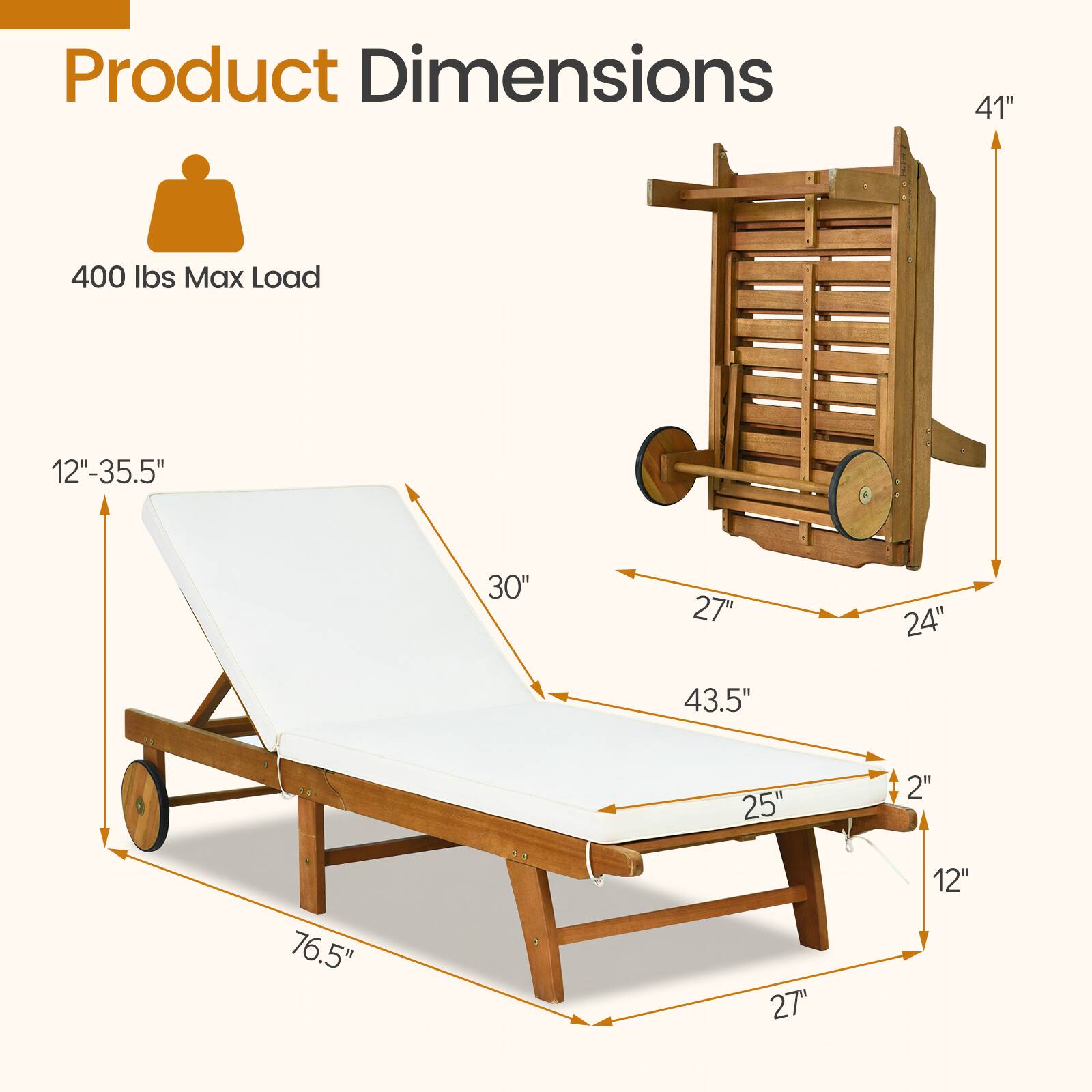 Product Dimensions  
400 lbs Max Load  
41"  
12"-35.5"  
30"  
27"  
24"  
43.5"  
25"  
2"  
76.5"  
27"  
12"