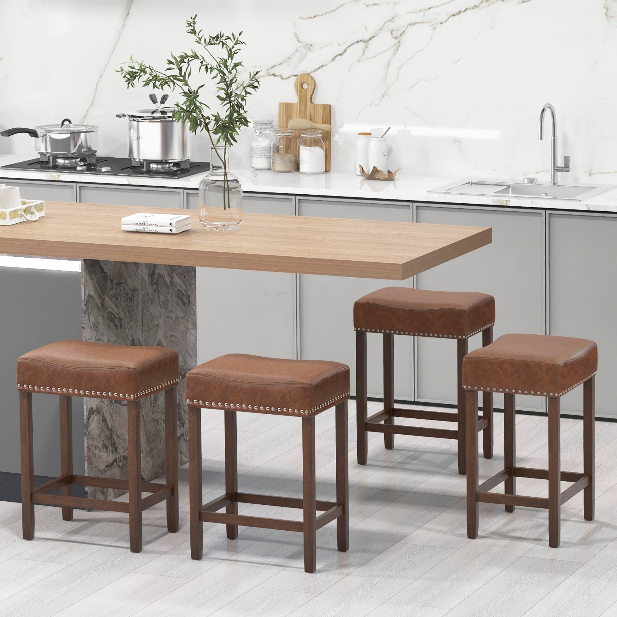 Alt View 3. Gymax - Gymax Bar Stool Set of 4 24-Inch Counter Height Saddle Stools w/ PU Leather Upholstery Brown - Brown.