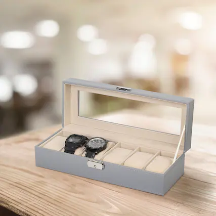 Front. Oumilen - Watch Storage Box with Lock, Clear Top Display Watch Case with Removable Velvet Pillows, Gray - Gray.