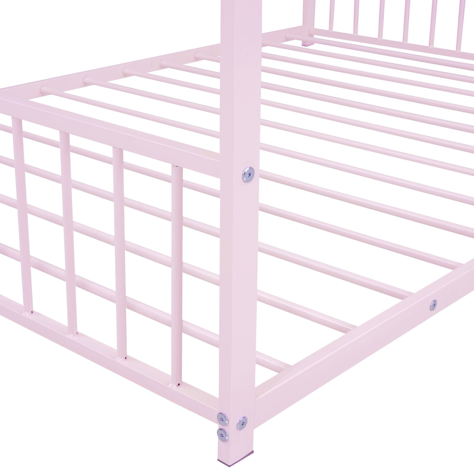 Alt View 6. GOODSILO - Full Size Metal House Bed with Playhouse Roof Design for Kids Room Furniture and Sleep Space - Pink.