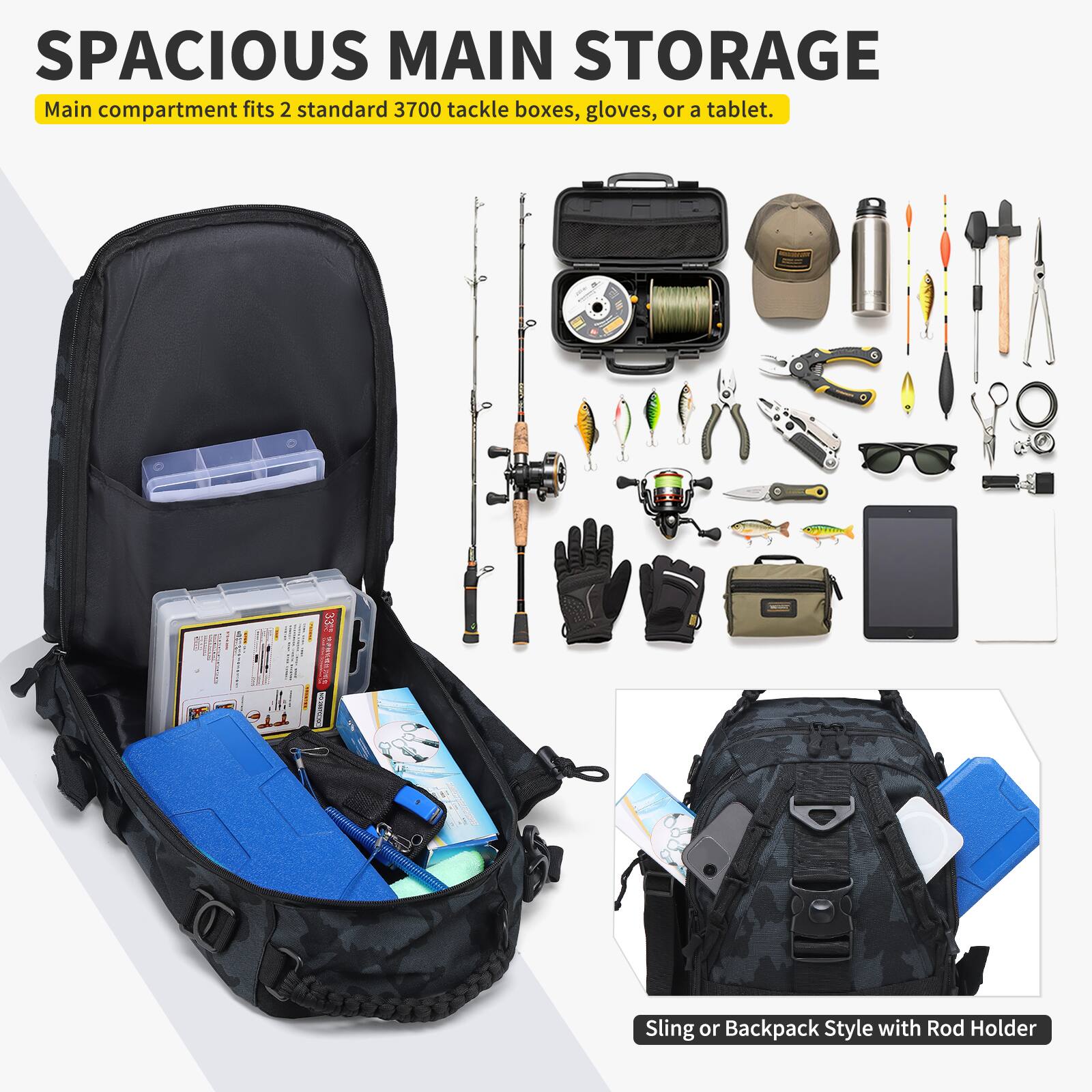 SPACIOUS MAIN STORAGE  
Main compartment fits 2 standard 3700 tackle boxes, gloves, or a tablet.  

Sling or Backpack Style with Rod Holder