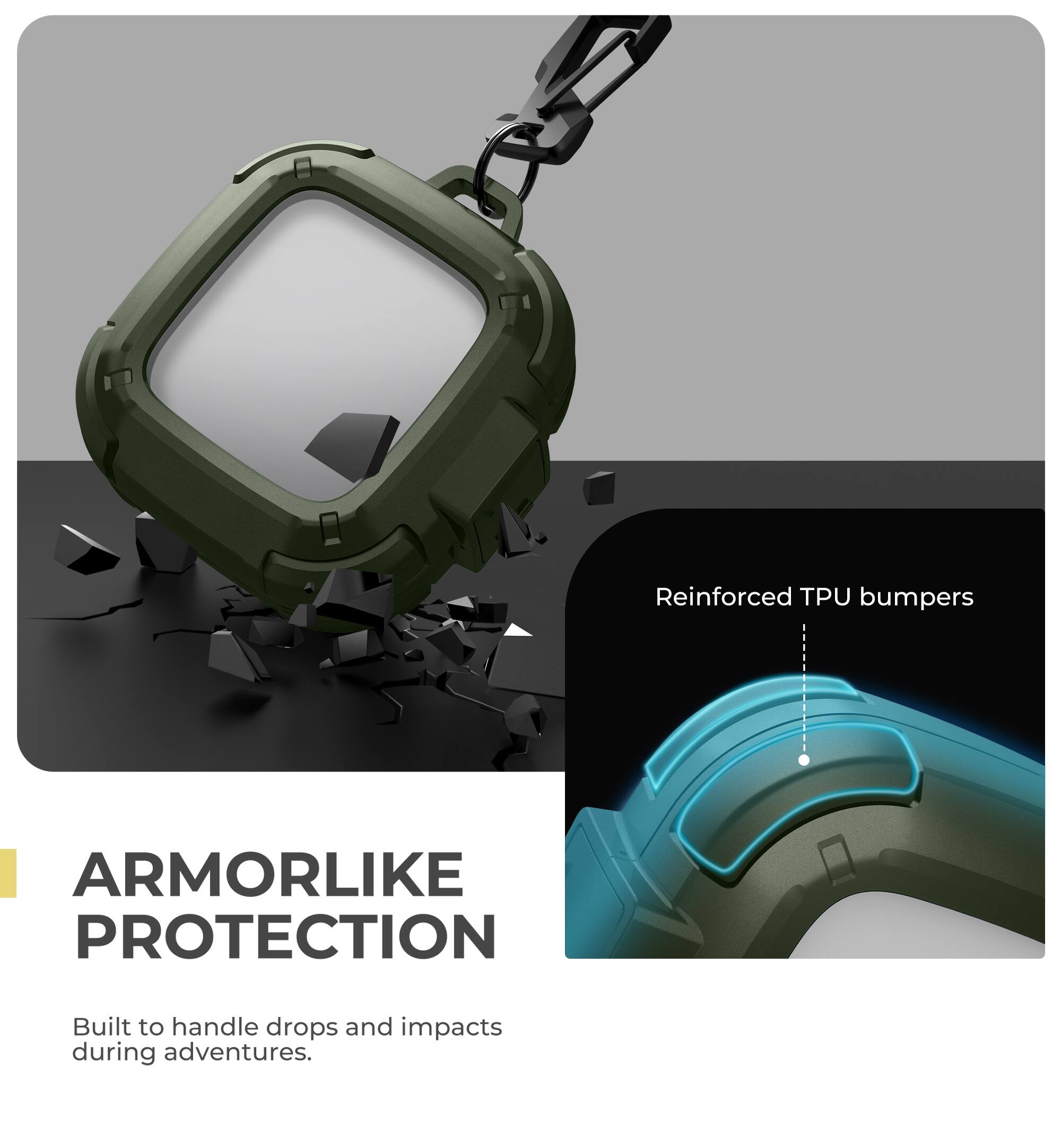 Reinforced TPU bumpers  
ARMORLIKE PROTECTION  
Built to handle drops and impacts during adventures.