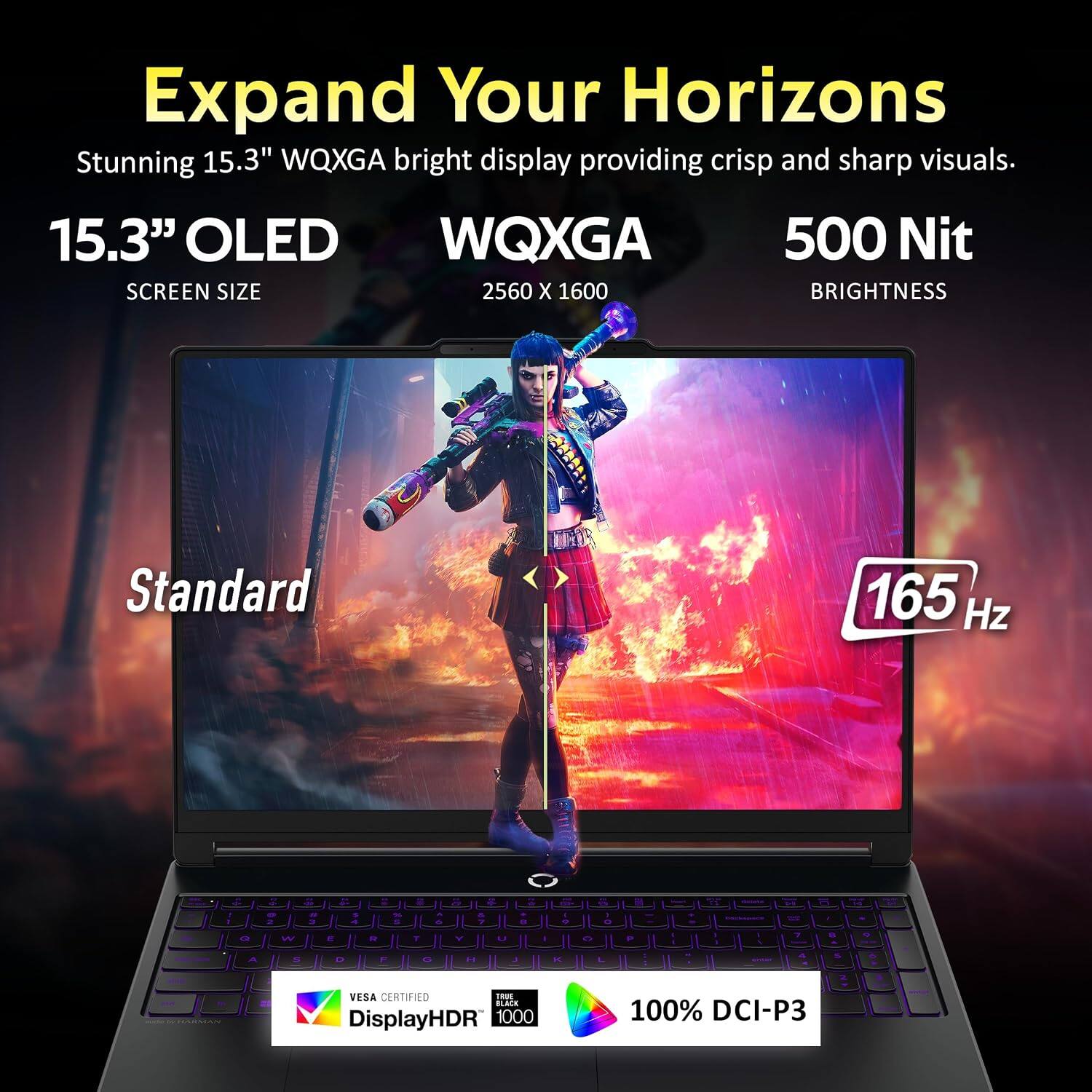 Expand Your Horizons

Stunning 15.3" WQXGA bright display providing crisp and sharp visuals.

15.3" OLED
SCREEN SIZE
2560 X 1600

500 Nit
BRIGHTNESS

Standard
165 Hz

VESA CERTIFIED
DisplayHDR 1000
100% DCI-P3