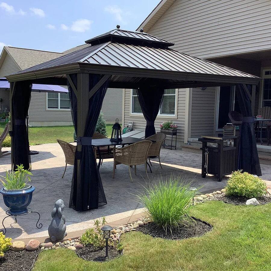 Alt View 1. PURPLE LEAF - 12' X 14' Outdoor Hardtop Gazebo for Patio Bronze Aluminum Frame Pavilion with Navy-Blue Curtain - 12' X 14'.