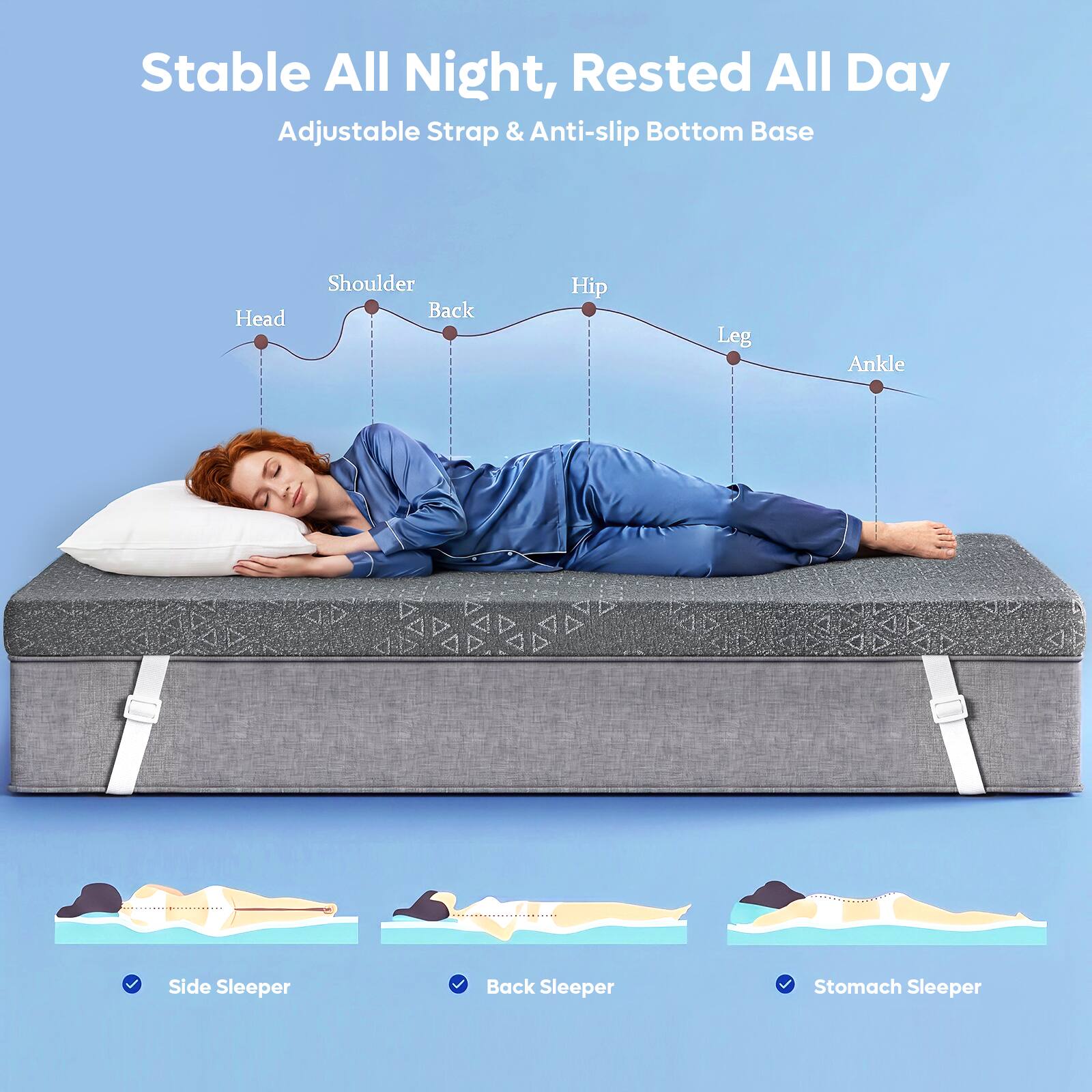 Stable All Night, Rested All Day  
Adjustable Strap & Anti-slip Bottom Base  

Head  
Shoulder  
Back  
Hip  
Leg  
Ankle  

Side Sleeper  
Back Sleeper  
Stomach Sleeper