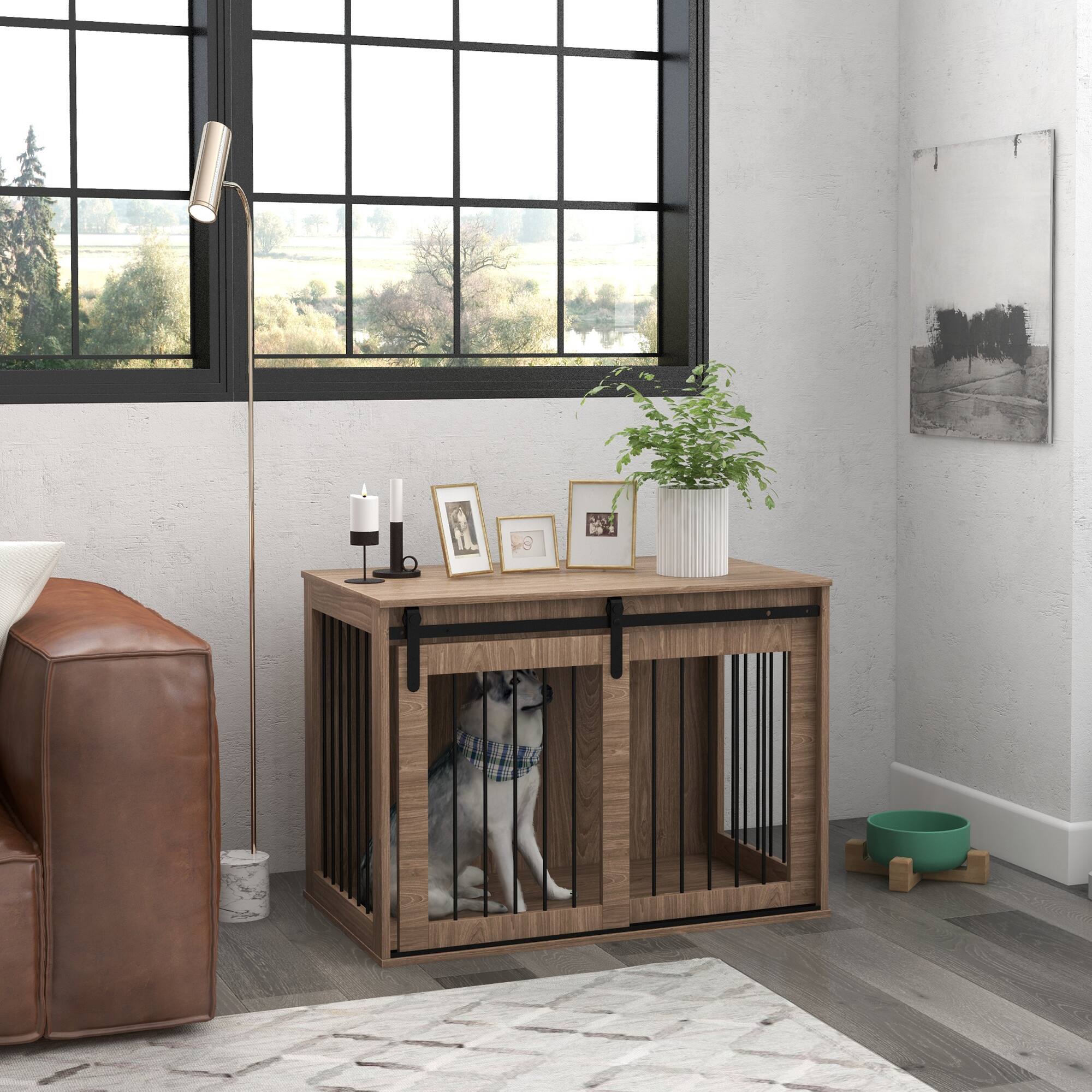 Angle. Pawhut - Dog Crate Furniture End Table, Indoor Dog Kennel for Large Dogs, 39" x 23" x 24".
