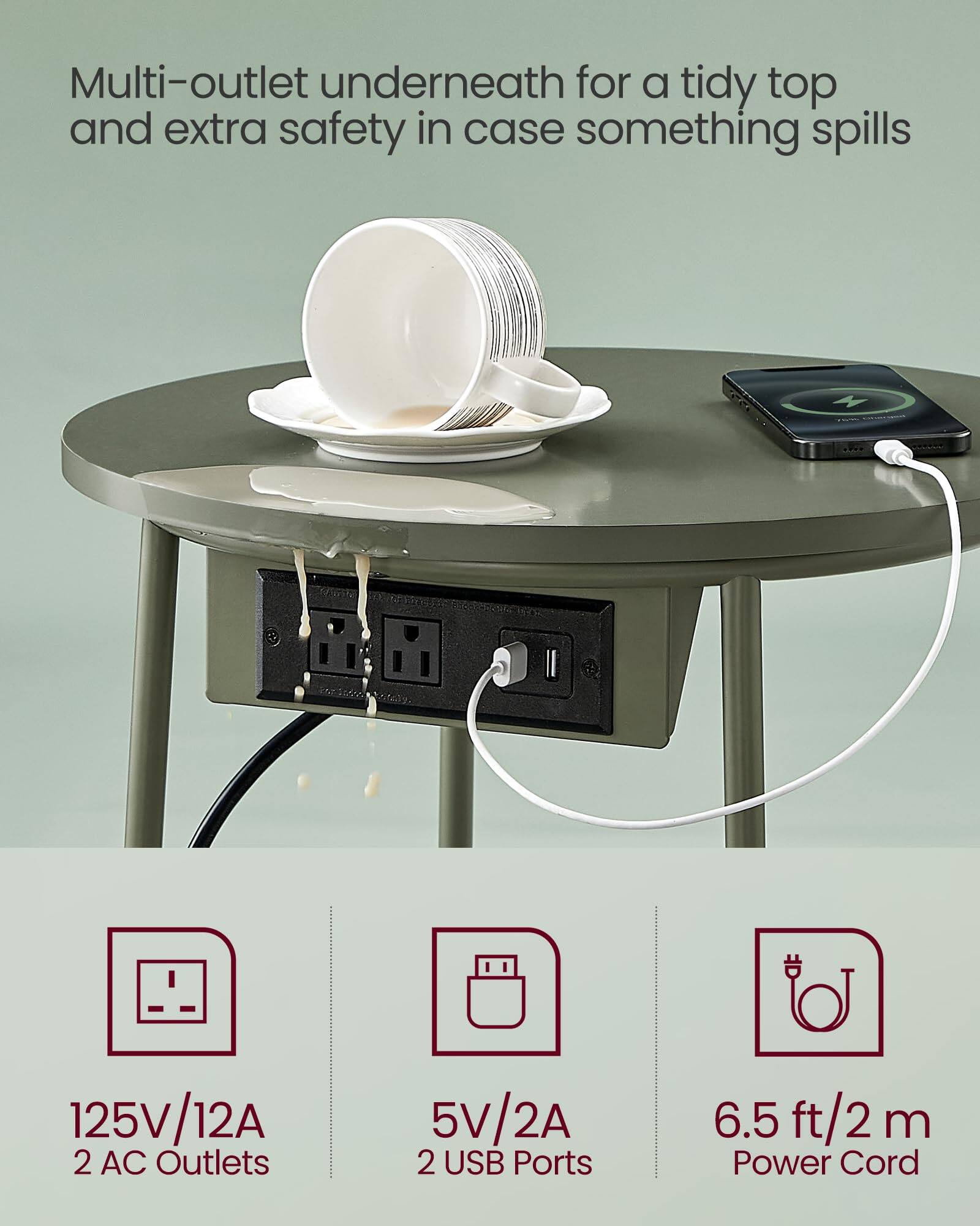 Multi-outlet underneath for a tidy top and extra safety in case something spills

125V/12A 2 AC Outlets  
5V/2A 2 USB Ports  
6.5 ft/2 m Power Cord