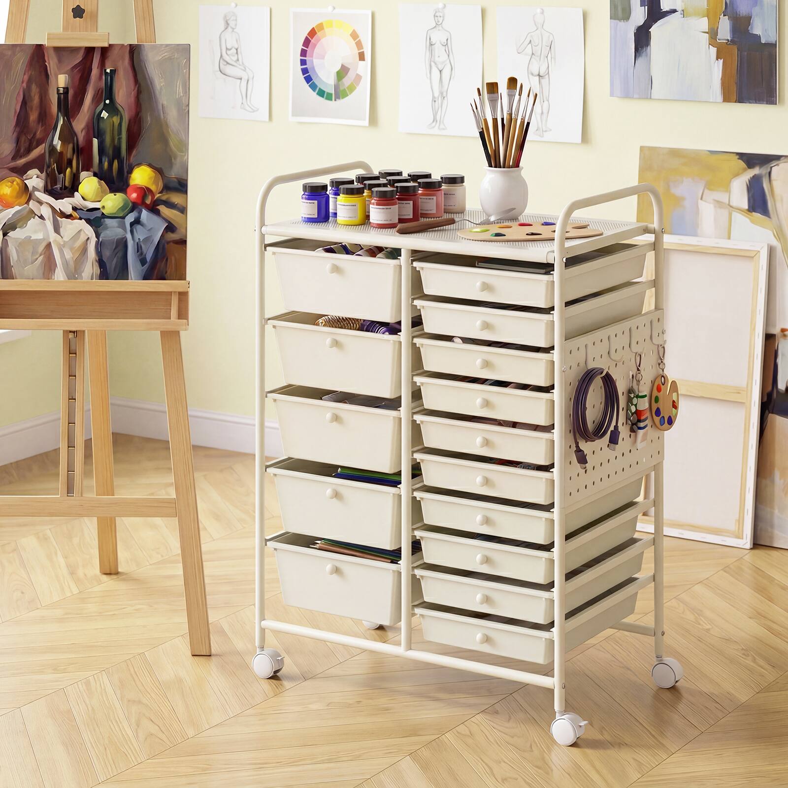 Alt View 1. Costway - Costway 15-Drawer Rolling Cart with Pegboard, 2 Locking Brakes, Metal Frame for Home - White.