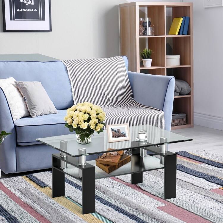 Angle. Hivvago - Modern 2 Tier Glass Coffee Table with Black Metal Legs - Black.