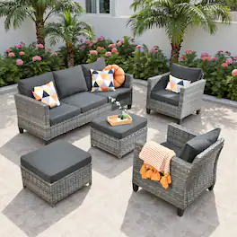 Ovios - 5 PCS Patio Furniture Set, Outdoor Wicker Sofa with Ottomans for Garden Porch Backyard - Black