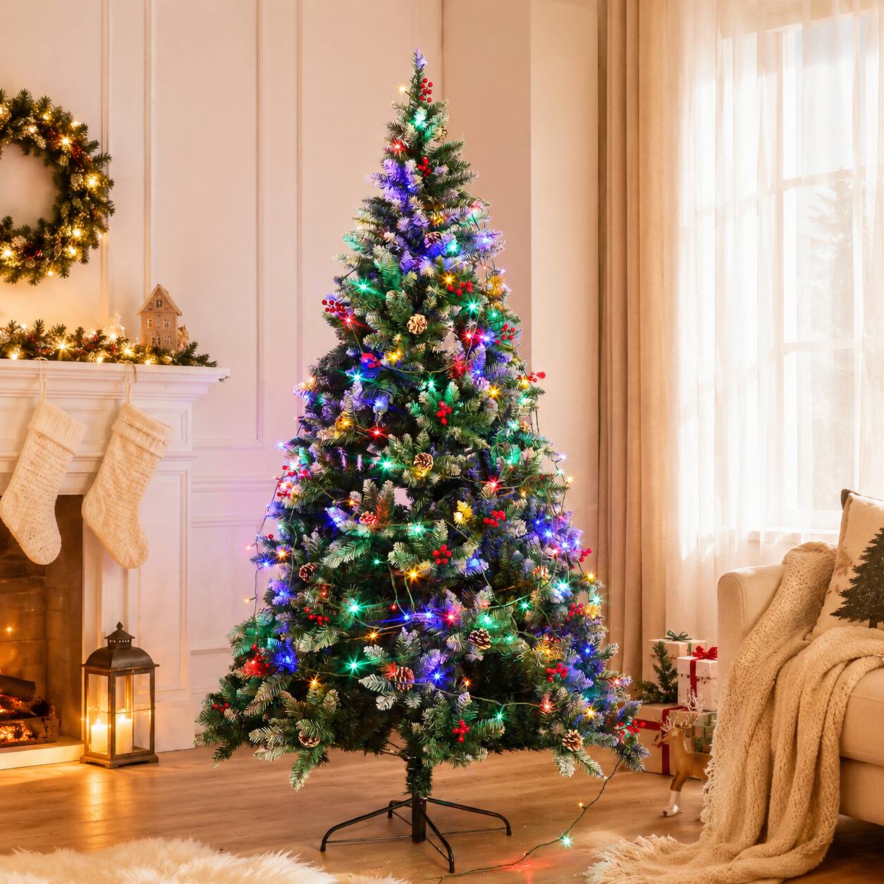 Front. Jandcase - 6ft Christmas Tree Artificial Full Xmas Trees with 150pcs LED,Green, for Holiday,Home,Office,Party Decoration,750 Branch - Army Green.