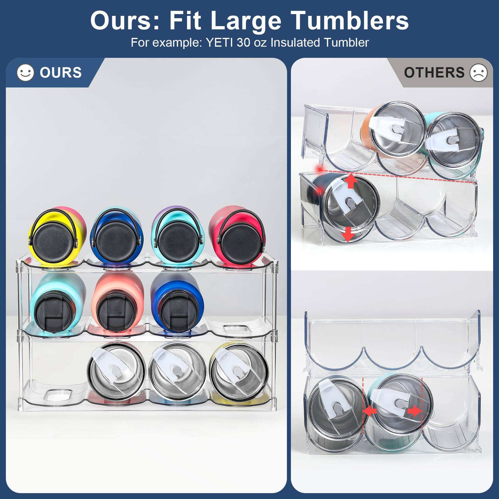 Ours: Fit Large Tumblers  
For example: YETI 30 oz Insulated Tumbler  

OURS  
OTHERS