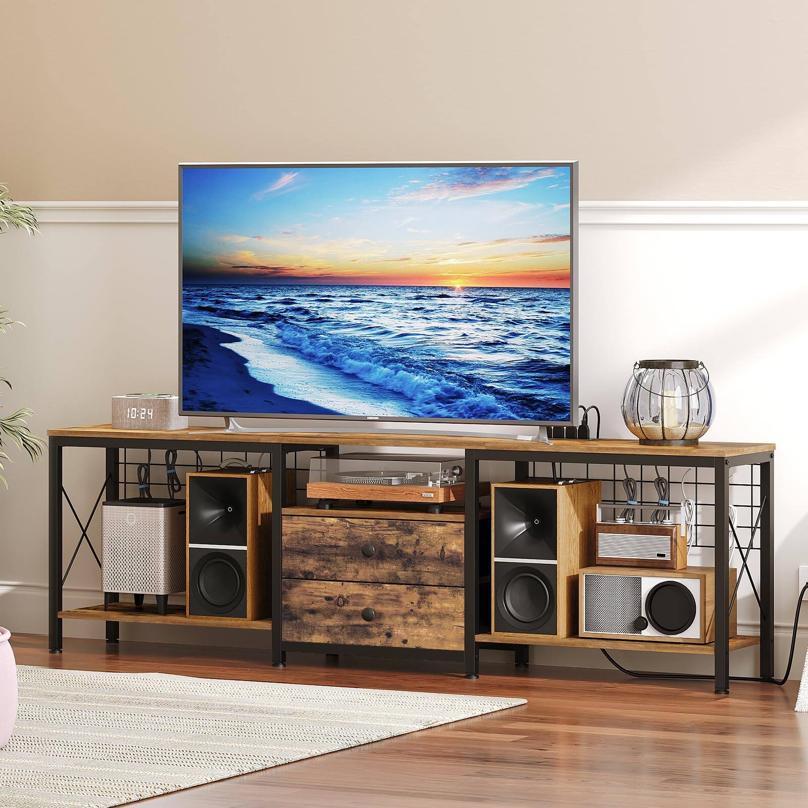 Left. Hirose Alice - Tv Stand With Power Outlet Up To 75 Inch Entertainment Center 2 Fabric Drawers Console Table Open Storage Shel... - 70.9"L x 11.8"W x 21.6"H.