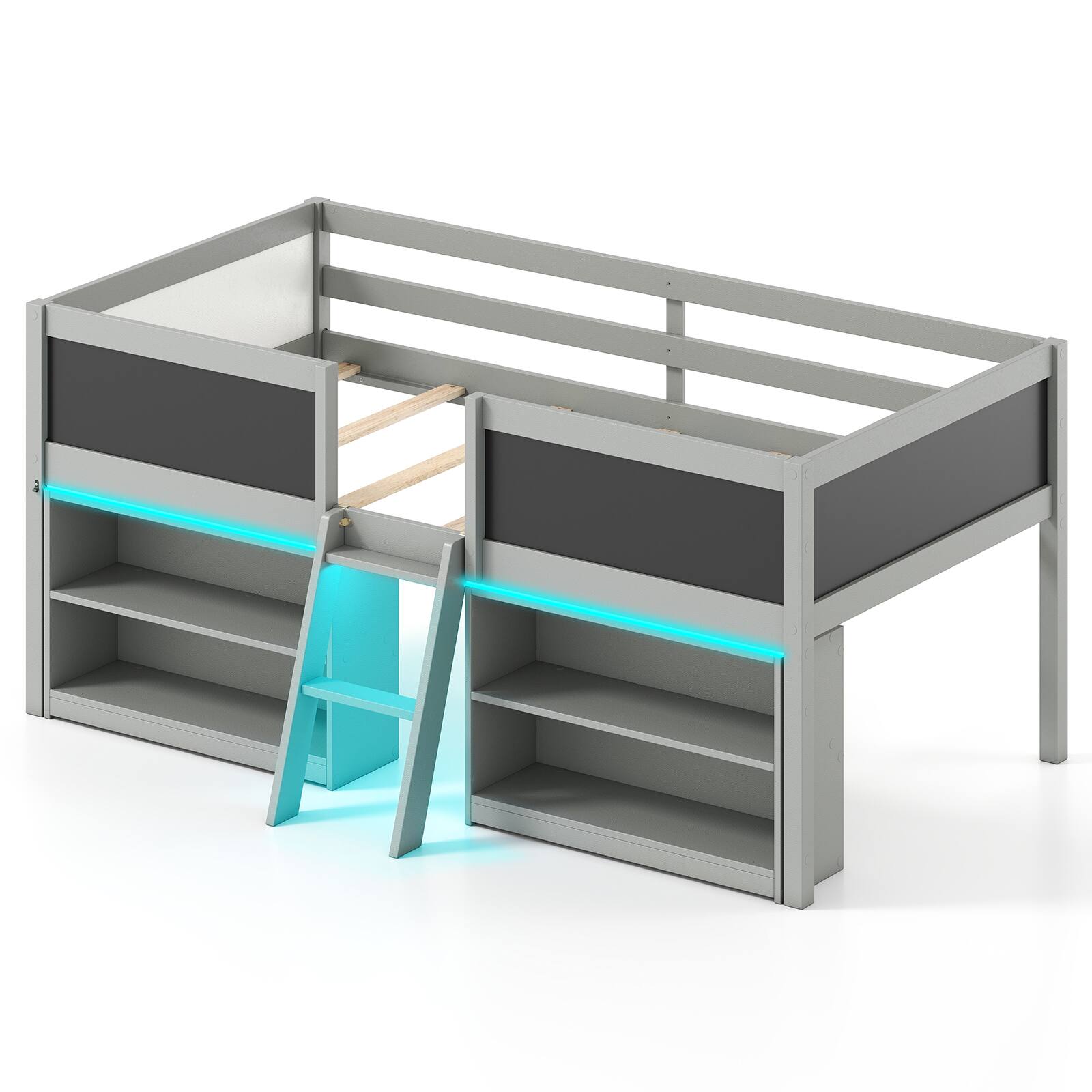 Alt View 9. Gymax - Gymax Low Loft Bed Twin Size Wooden Bed Frame Kid's Cabin Bed w/ Bookcases Grey - Grey.