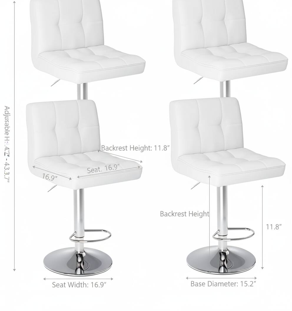 Adjustable Height: 42.7" - 43.3"

Backrest Height: 11.8"

Seat Width: 16.9"

Base Diameter: 15.2"