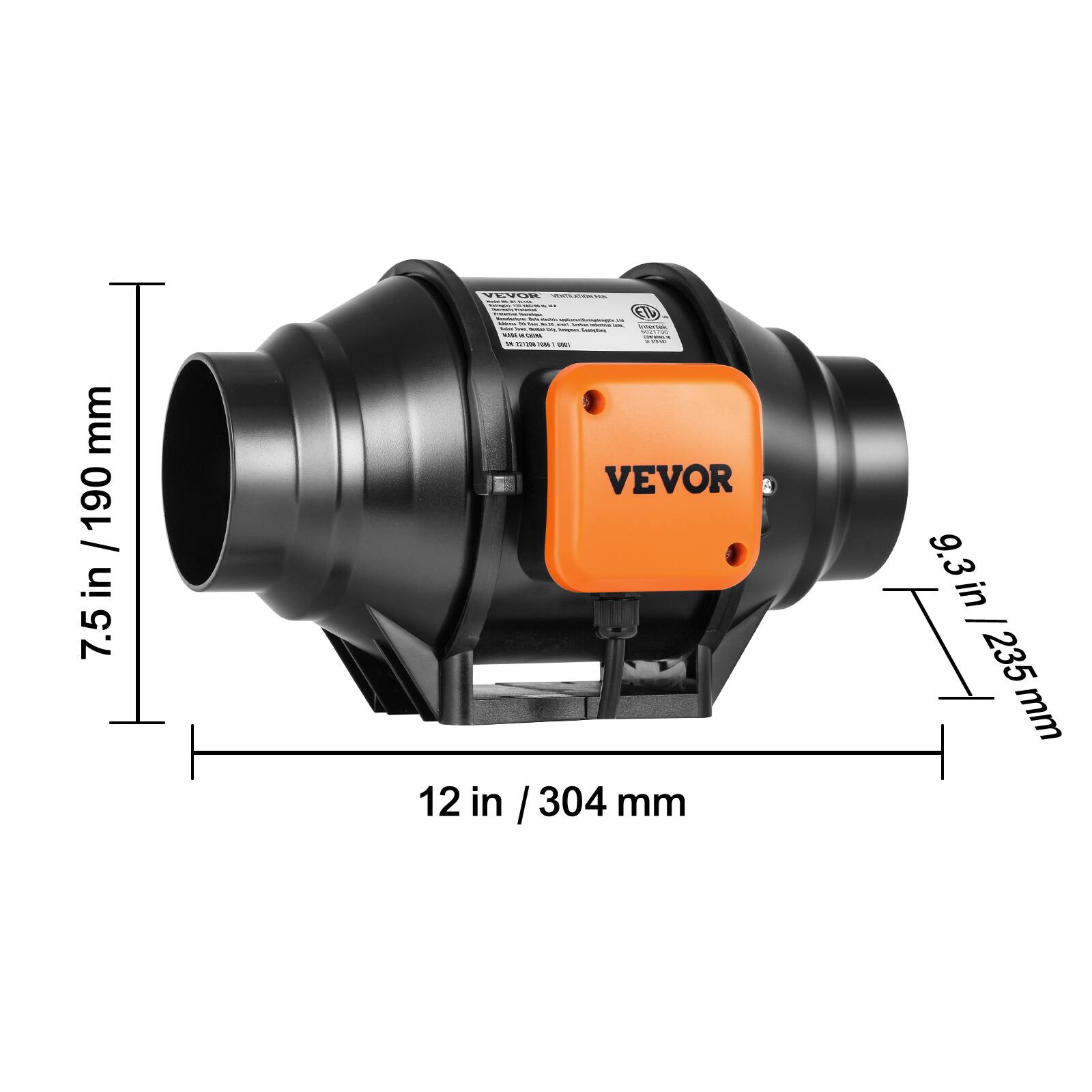 VEVOR

7.5 in / 190 mm

12 in / 304 mm

9.3 in / 235 mm
