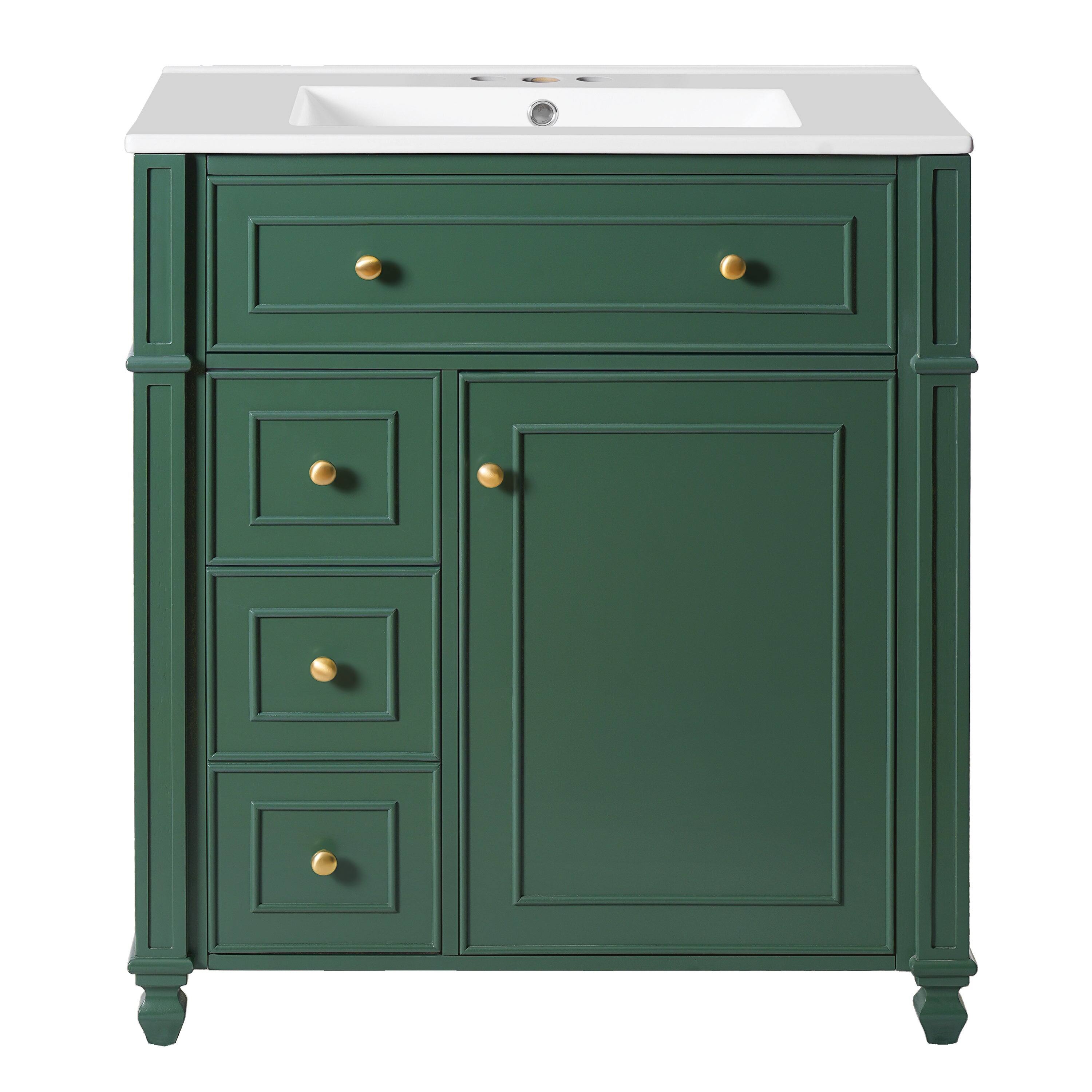 Front. Boyel Living - 30 Inch French Style Bathroom Vanity with Ceramic Sink and Storage Green - Green.