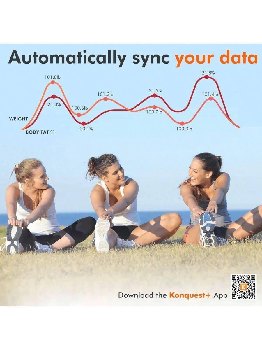 Automatically sync your data

WEIGHT
101.8lb 21.3%
101.3lb 21.5%
100.6lb 21.8%
100.7lb 20.1%
100.0lb

BODY FAT%
21.3% 21.5% 21.8%

Download the Konquest+ App
